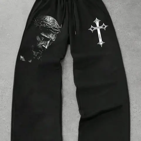 Men's Casual Wide-Leg Sweatpants, Jesus Portrait and Gothic Cross Graphic Print, Streetwear Adjustable Drawstring Elastic Waist and Loose Fit Pants for Everyday Wear