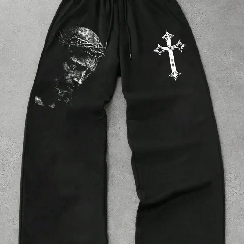 Men's Casual Wide-Leg Sweatpants, Jesus Portrait and Gothic Cross Graphic Print, Streetwear Adjustable Drawstring Elastic Waist and Loose Fit Pants for Everyday Wear