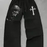 Men's Casual Wide-Leg Sweatpants, Jesus Portrait and Gothic Cross Graphic Print, Streetwear Adjustable Drawstring Elastic Waist and Loose Fit Pants for Everyday Wear