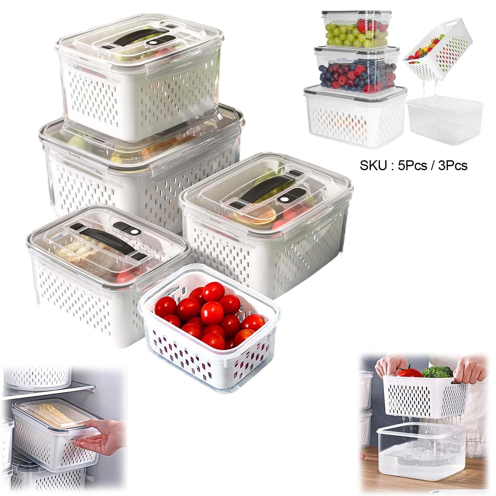 3pcs/5pcs Large Capacity Storage Boxes, Water Drainage/food Preservation Dual-Function Fruit Vegetable Containers, Lid with Handle Refrigerator Box