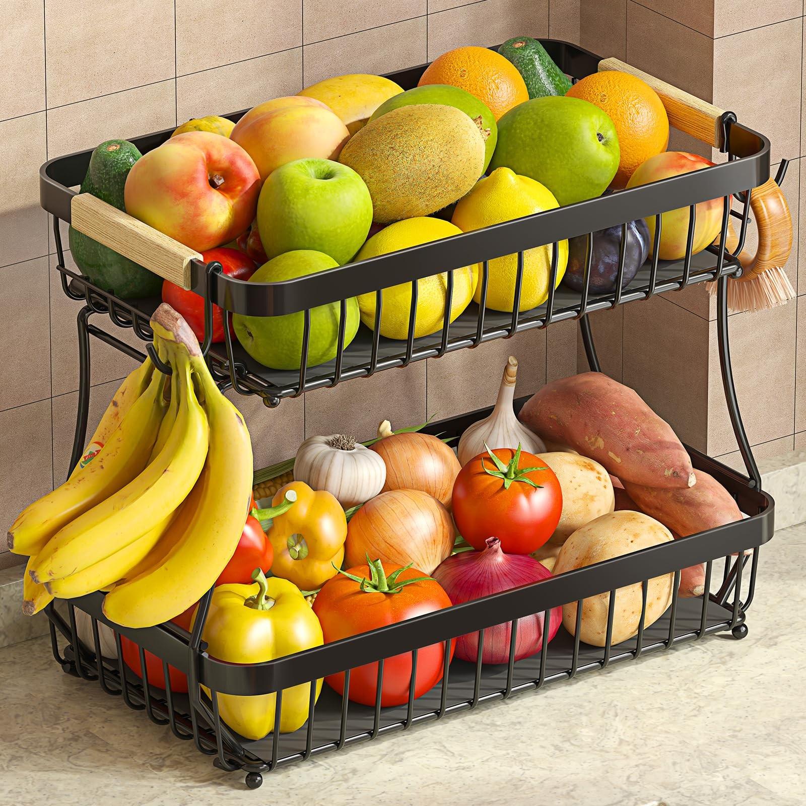 Double Layer Large Fruit Basket, Kitchen Countertop Organizer, Includes Two Removable Banana Hooks, Durable Storage Solution