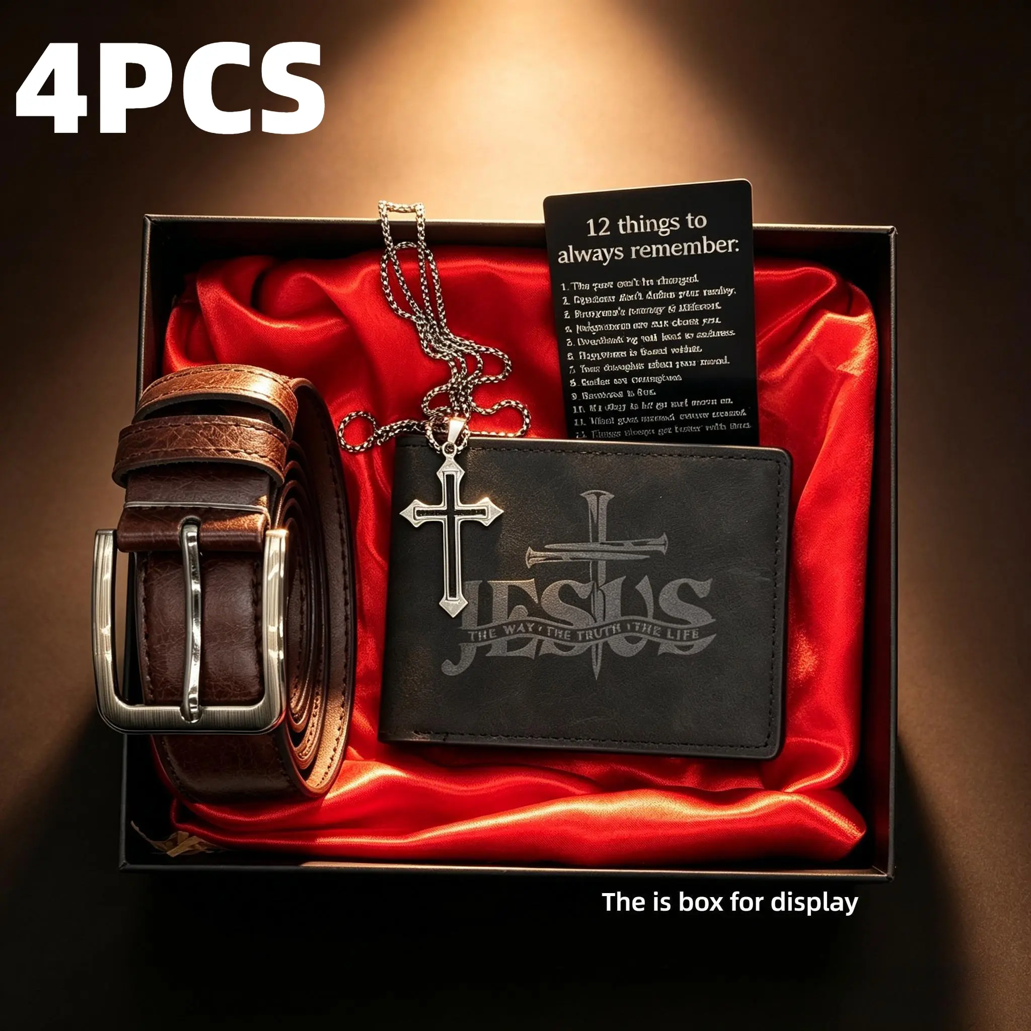 Men's 3-Piece Faux Leather Faith Gifts Set - Vintage Multi-Card Slot Men's Wallet Leather, Adjustable Metal Buckle Belt, Engraved Cross Motif Pendant with Anti-Tarnish Stainless Steel Chain, Satin Box for Fathers, Christmas Gift