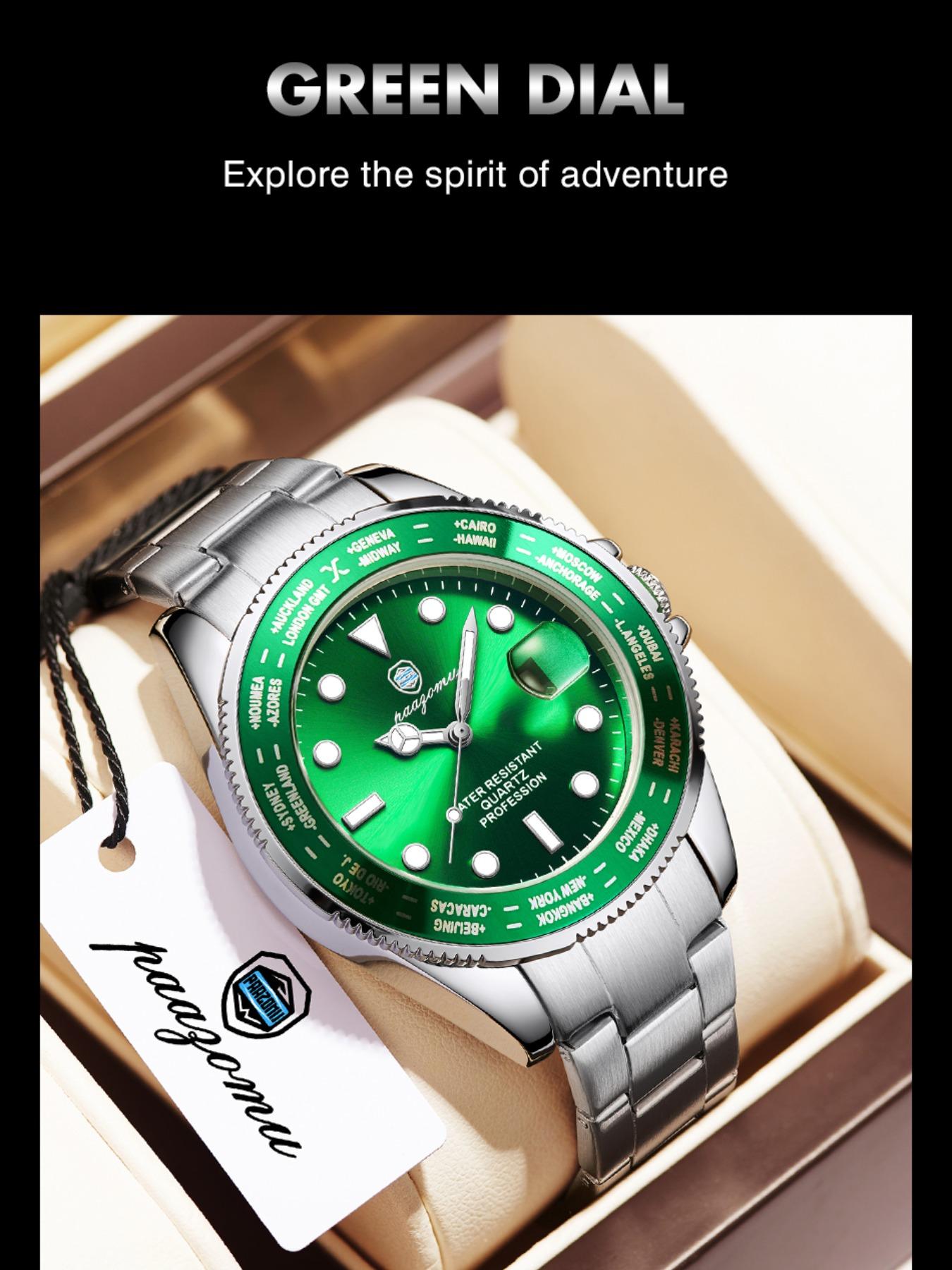 Paazomu Sport Men's Watch, Quartz Analog Display, Waterproof & Luminous, Stainless Steel Band, Casual Style, Ideal Gift