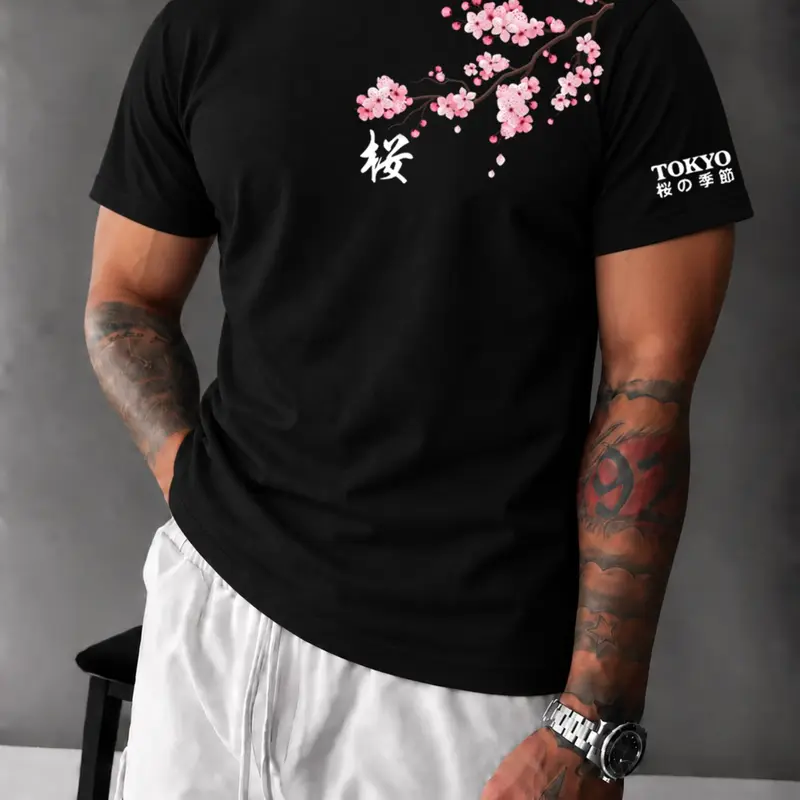 Men's Tokyo Cherry Blossom Floral Fitted T‑Shirt, Casual Japanese Streetwear Tee, Breathable Summer Top#CherryBlossomTee #TokyoStreetwear #JapanesePrintTShirt #FittedTee #TikTokMadeMeBuyIt #StreetwearFashion #SummerTees