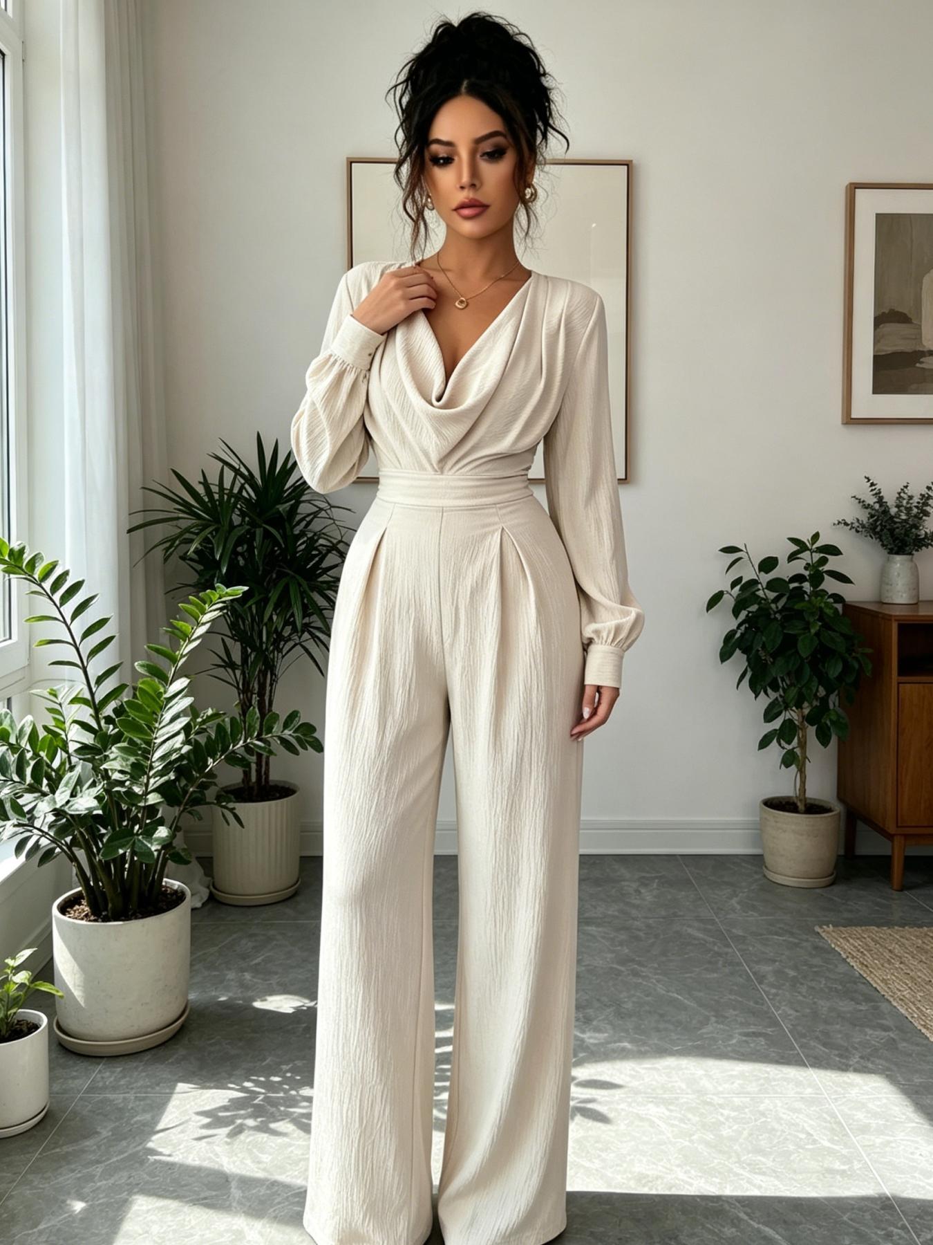 A women's beige swing collar long sleeved wide leg jumpsuit, Fashion plain jumpsuit, with a high waist and a cinched waist that looks taller and slimmer, suitable for commuting to work, shopping and outdoor activities
