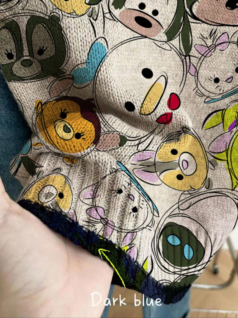 Women's Casual Fitted Knit Top, Spring Summer Round Neck Sleeveless Knitwear Sweater, Deep Blue Color Block Cartoon Print, Fall Winter Outerwear