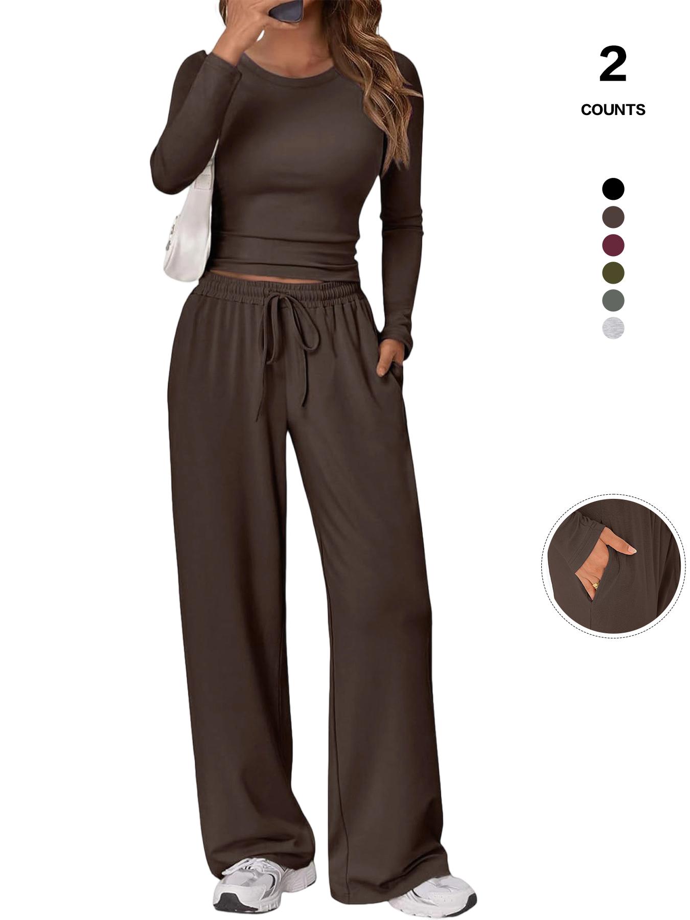 Women's 2 Piece Matching Lounge Set, Long Sleeve Slightly Crop Top & Wide Leg Pants, Casual Workout Set for Comfortable Wear