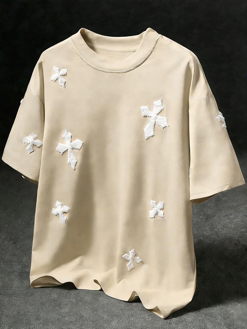 Men's Cross Stitch Embroidered Solid Color Round Neck T-Shirt, Casual Fitted Long Sleeve Top for All Seasons, Sporty College Style Men's Cross Stitch Embroidered Solid Color Round Neck T-Shirt, Casual Fitted Long Sleeve Top for All Seasons, Sporty College Style