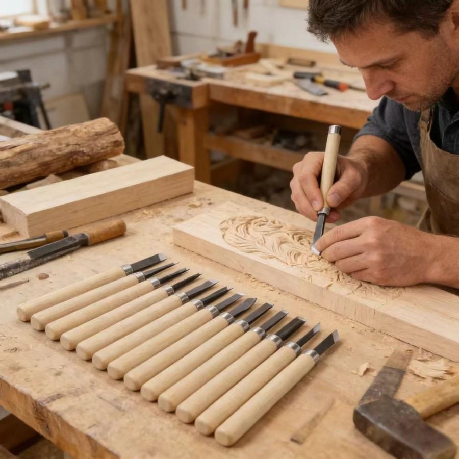 Wood Carving Tool Set 12 Pieces, Durable Steel Sculpting Knife, Essential for DIY Woodworking and Handicrafts, Perfect for Creative Projects