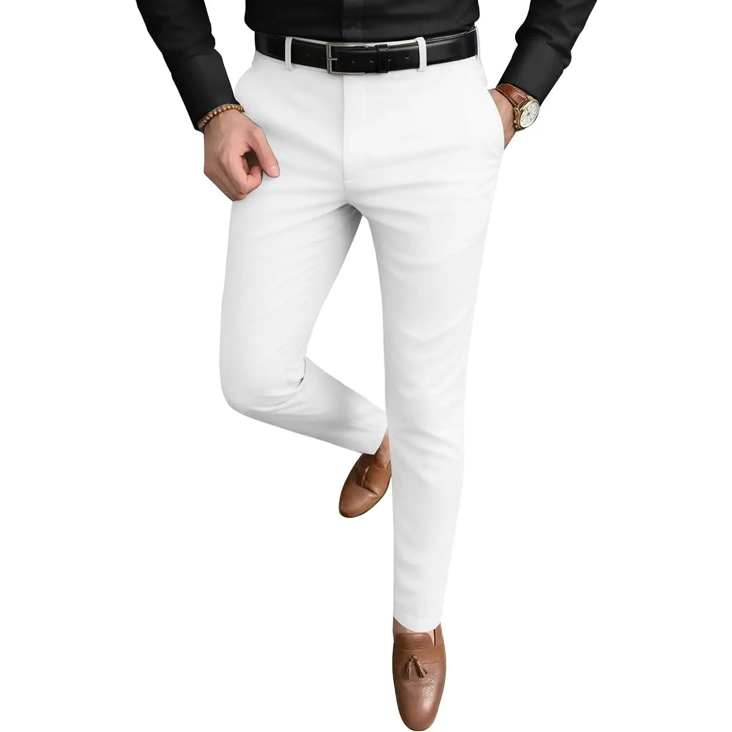 Men's Slim Fit Stretch Dress Pants Business Casual Skinny Tapered Chinos Trousers with Expandable Waist