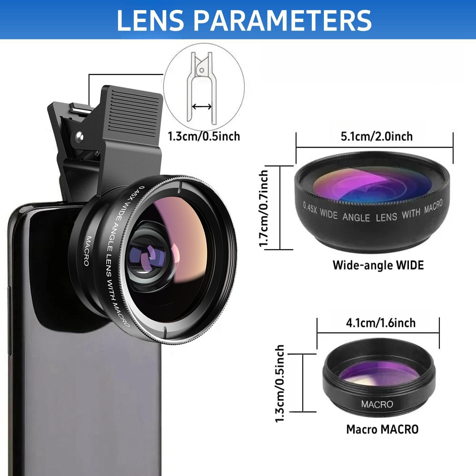 0.45X Phone Wide Angle Lens, 2-In-1 Camera Lens, 0.45x Super Wide Angle & Macro HD, Universal Clip-On for iPhone & Android Phones, Accessories