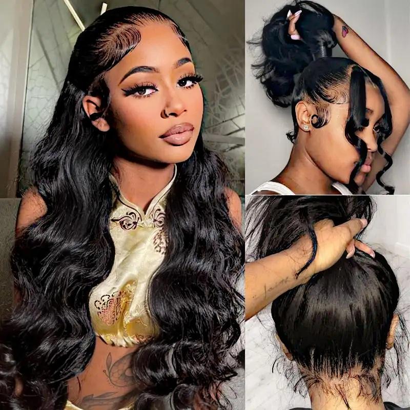 NEW IN 360 Full Lace Frontal Human Hair Wigs 30 32 Inch For Women Brazilian Body Wave Transparent Lace Front Pre Plucked Ponytail Hairstyle Bala Mat Scrunchie Natural Black Beaded