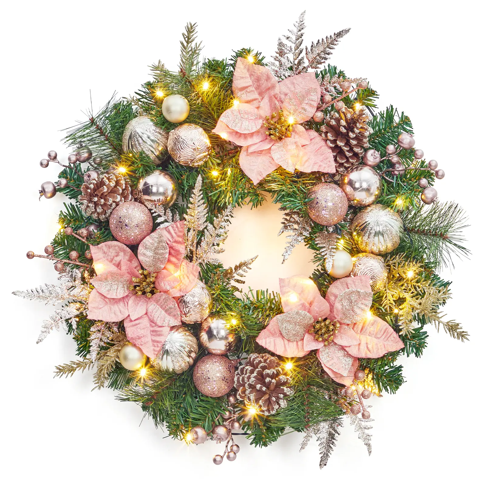 Christmas Wreath with Lights, 22" Prelit Large Outdoor Christmas Wreaths with 30 Battery Operated LED Lights, Lighted Holiday Door Wreath with Red Green Balls for Fireplace Window Wall Decor