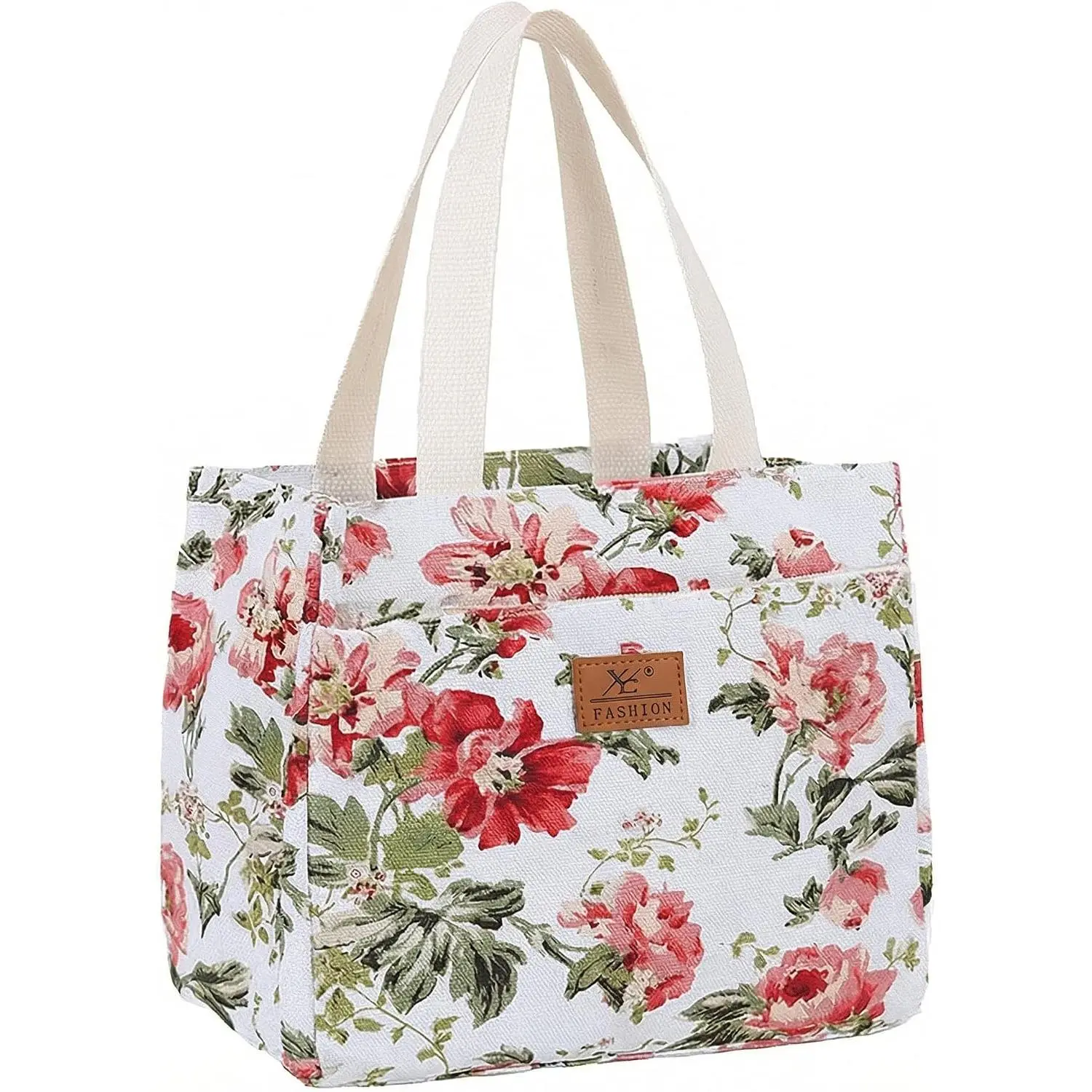 Insulated Lunch Bags for Women, Zippered Cooler Tote, Lightweight Lunch Box for Work, Picnic - Red Floral