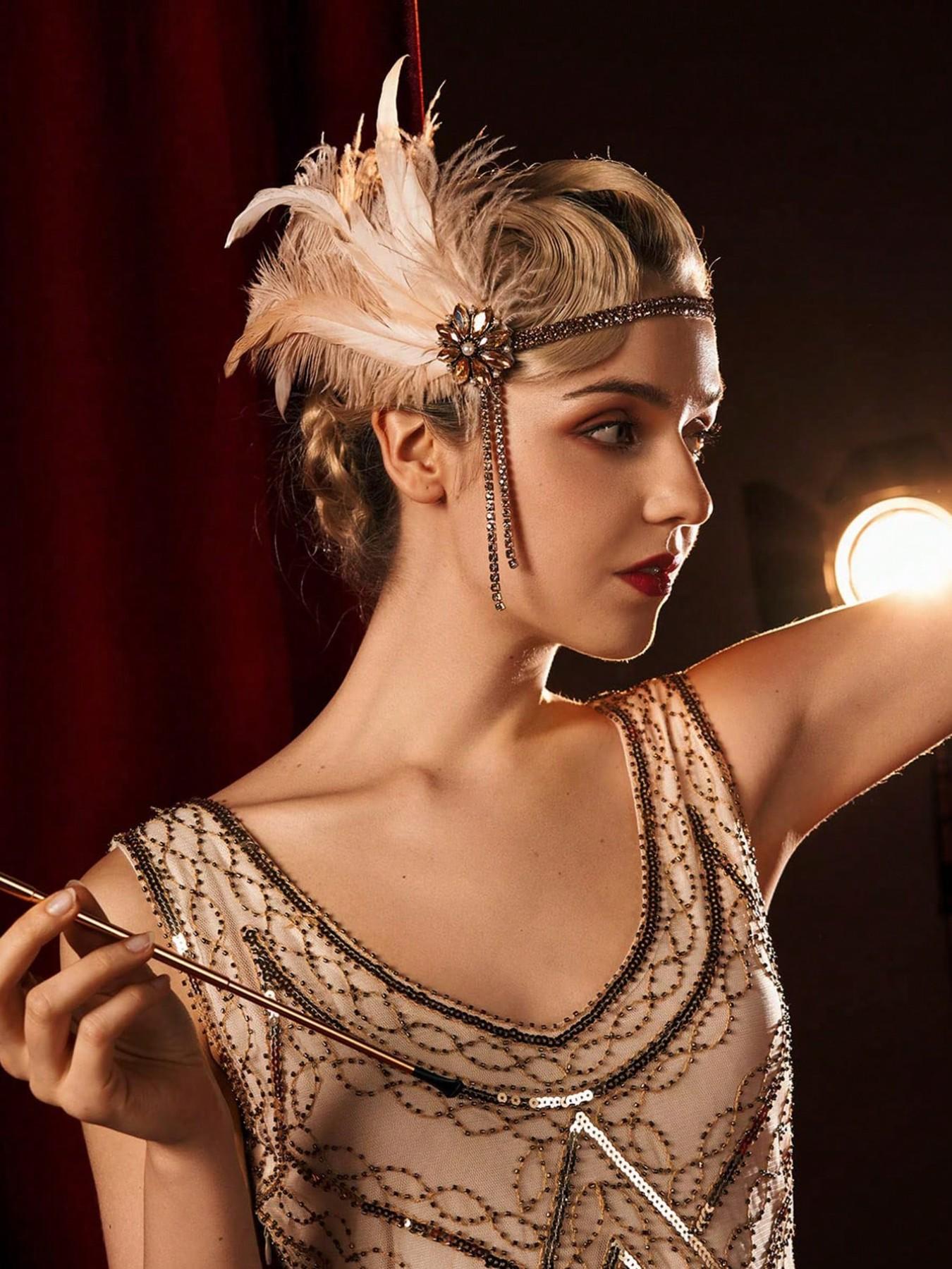 1920s Flapper Accessories Set Pearl Necklace Gloves Headband Vintage Style 5pcs 1920s Jazz Age Flapper Gatsby Sparkling Elegant Costume  main image 2