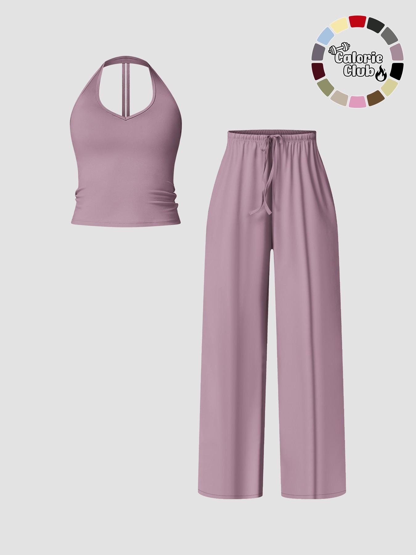 Women's Quick-Dry Sports Tank Top, Casual High-Waisted Bell Bottoms, Comfortable Sporty, All-Season Plain Style, Casual Sportswear Set, Casual Sportswear Outfit