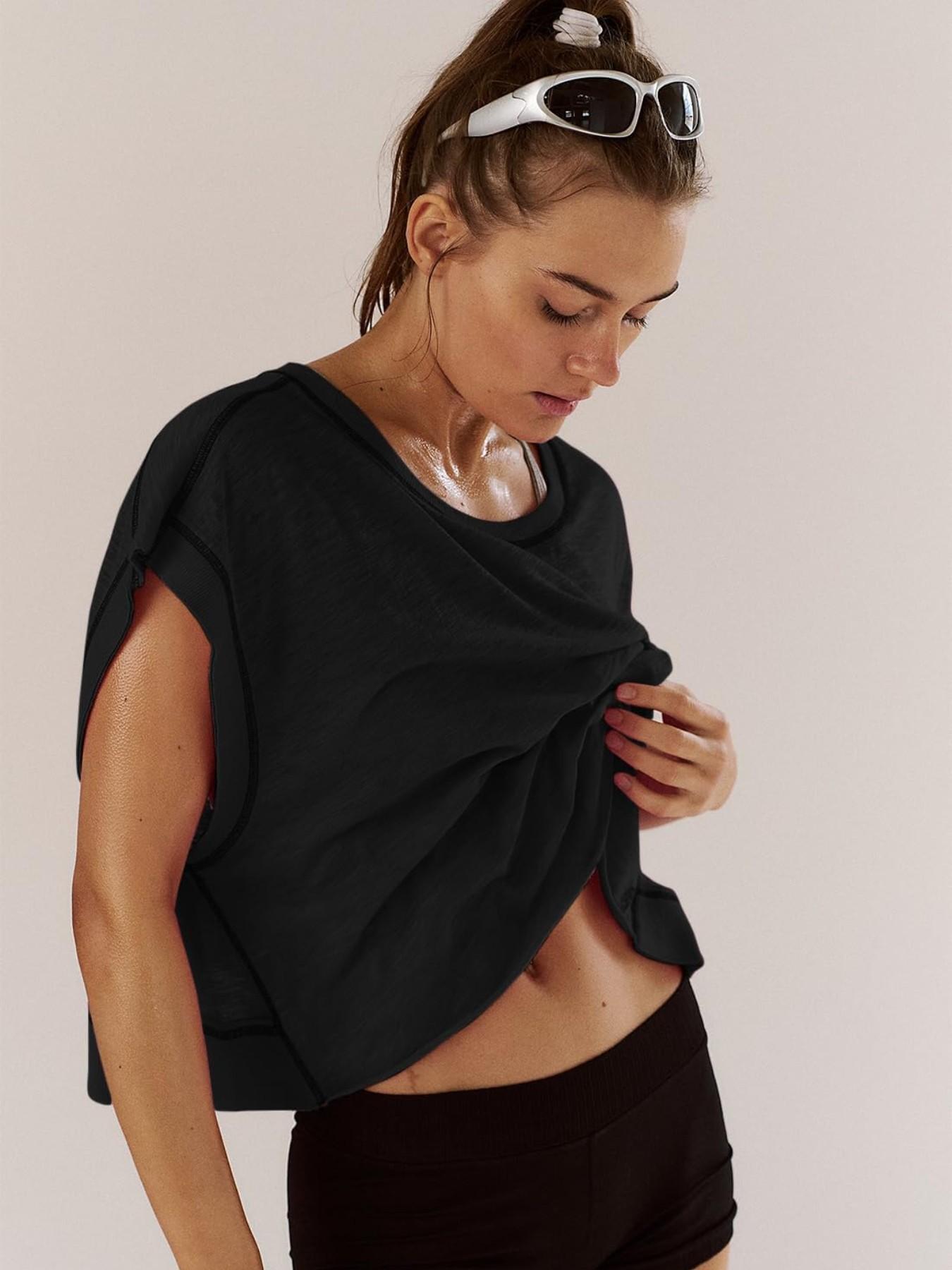 Women's Sporty Hoodie Round Neck Loose Fit Casual Sports T-Shirt, Gym Yoga Tops, Backless Hollow Design, Pure Color Skin-Friendly Yoga Wear