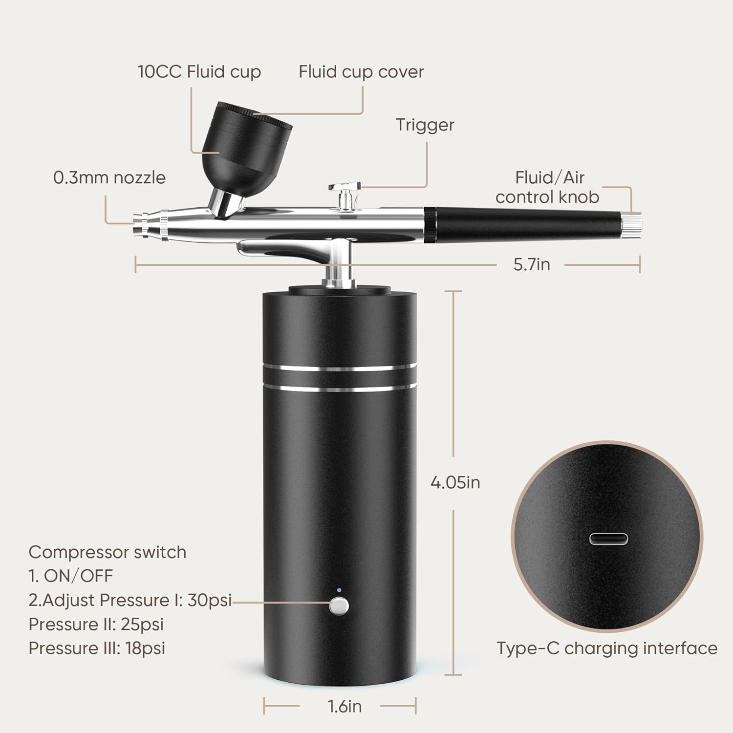 Airbrush Kit with Compressor Portable Airbrush Kit 48PSI High-Pressure Non-Clogging Air Brush Set Cordless Rechargeable with 0.3mm Nozzle and Cleaning Brush for Painting,Nail Art, Makeup (black)