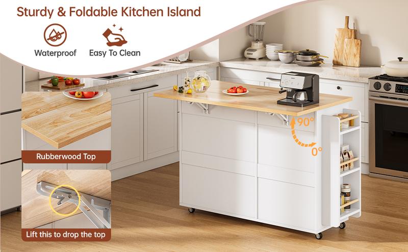 Kitchen Island with Storage, 31.5" D Rolling Kitchen Cart on Wheels with Widen Drop Leaf Rubberwood Top, Large Mobile Kitchen Island with Trash Can Storage and Towel Bar, Black