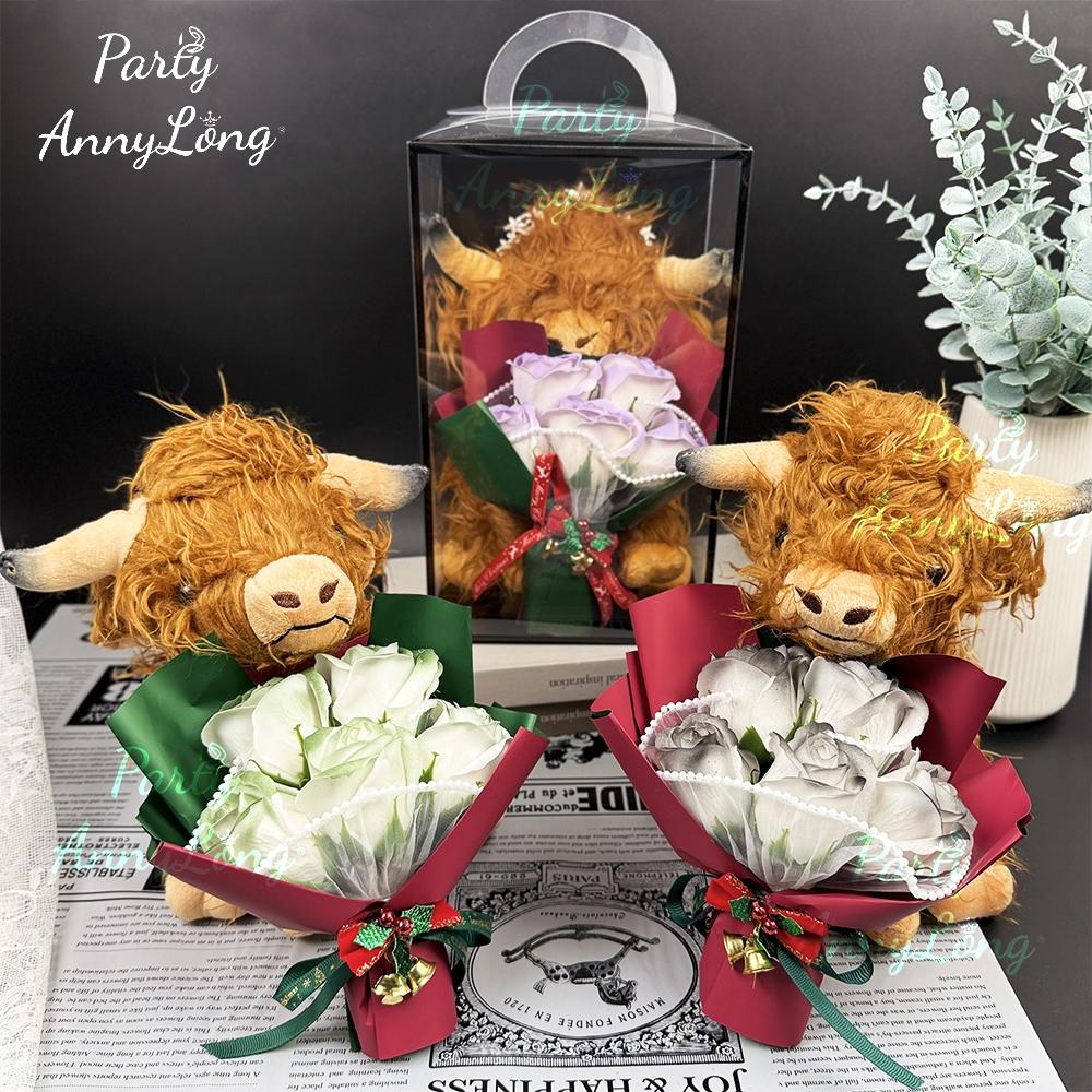 Christmas Highland Cow Plush Toy with Artificial Rose Bouquet, 1-Set Cute Cow Design Plush Home Decoration, Holiday Gift for Loved Ones