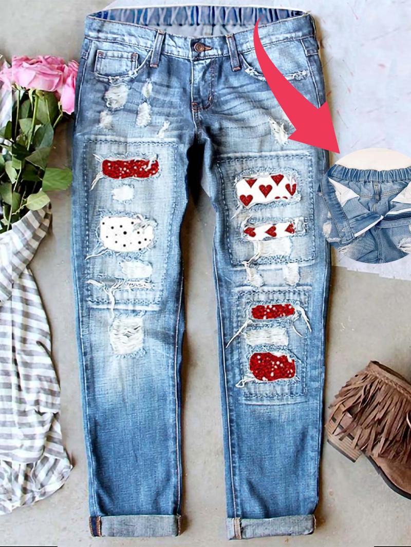 Women’s Ripped Patch Boyfriend Jeans with Multiple Cute Prints Loose Washed Denim Mid-Waist Elastic Waist Breathable & Comfy