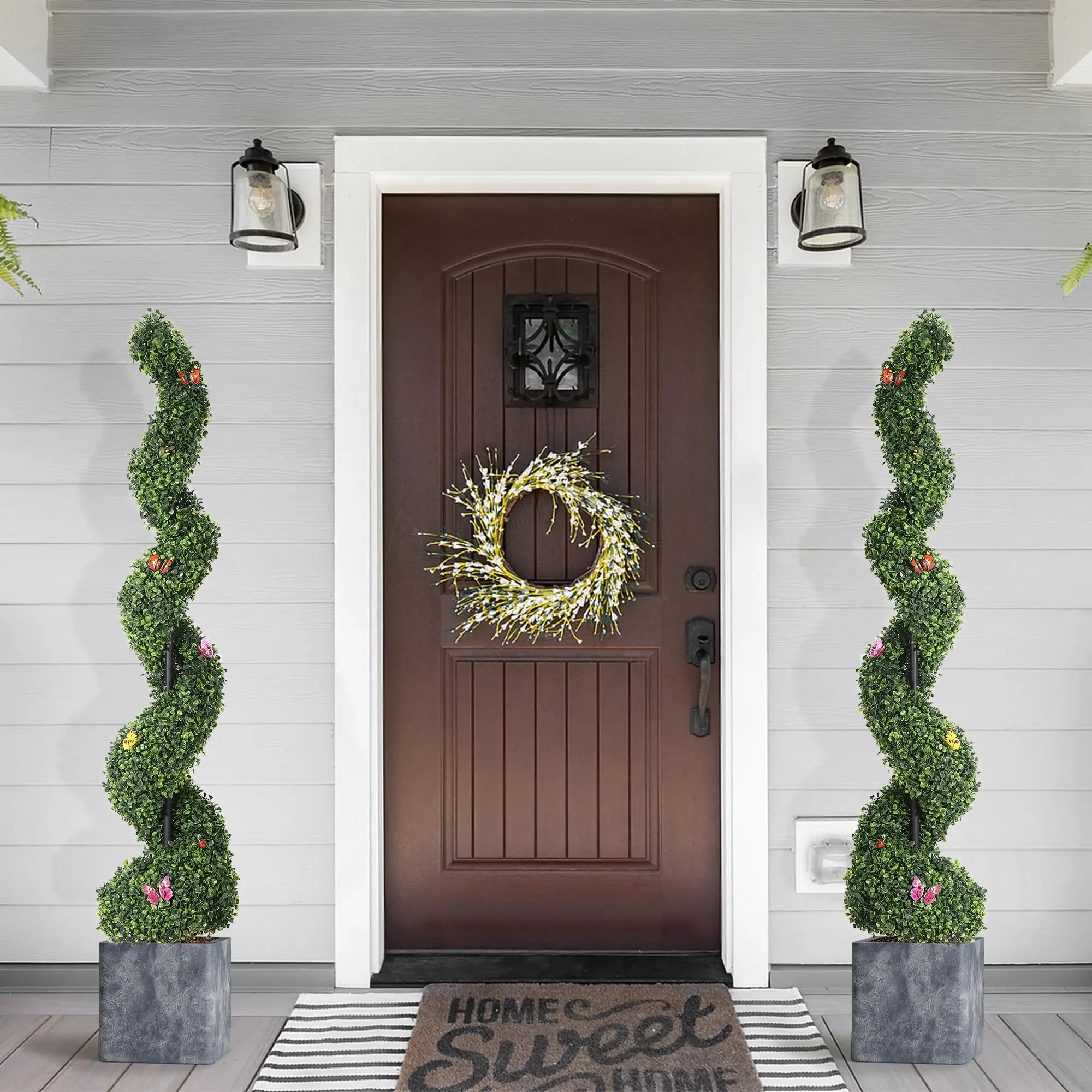 Garvee 5 FT Artificial Boxwood Spiral Topiary Trees, 2 Pcs Outdoor Faux Plants with Insect Decoration, Evergreen Artificial Plants Outdoor for Decorative, Indoor, Porch, Garden