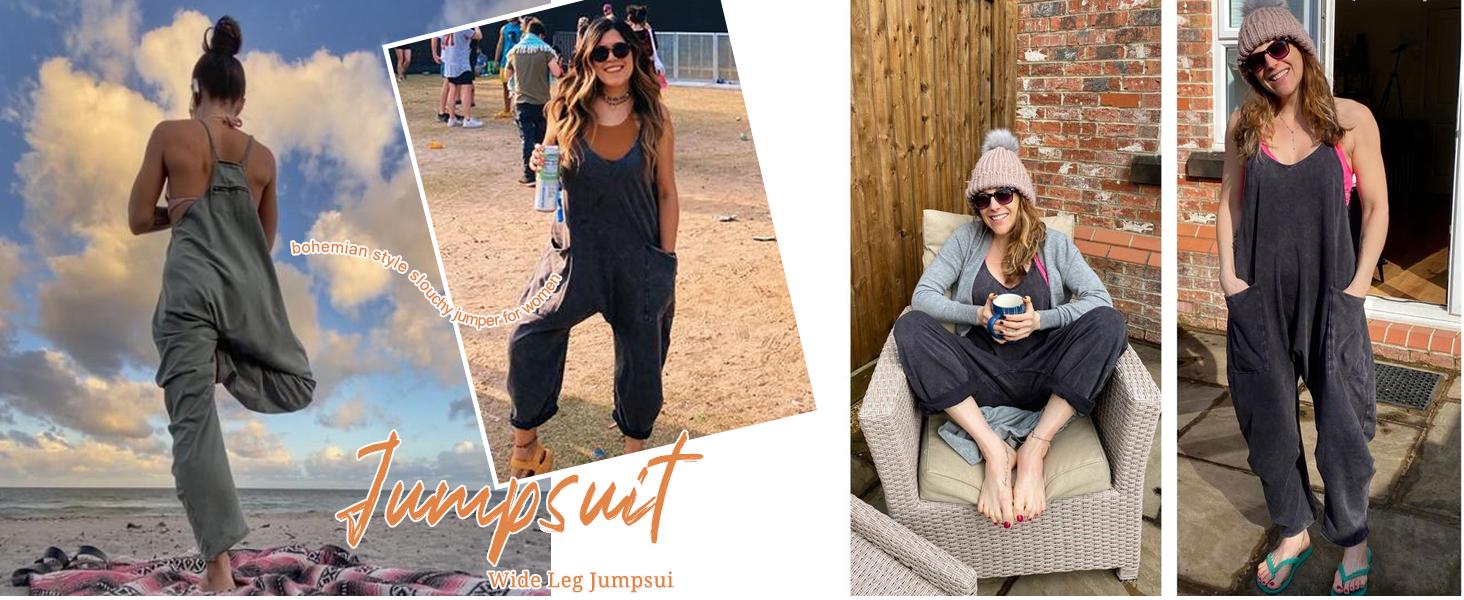 SCUSTY Womens Baggy Summer Jumpsuits V Neck Sleeveless Casual Jumpers for Women Adjustable Strap Romper with Pockets