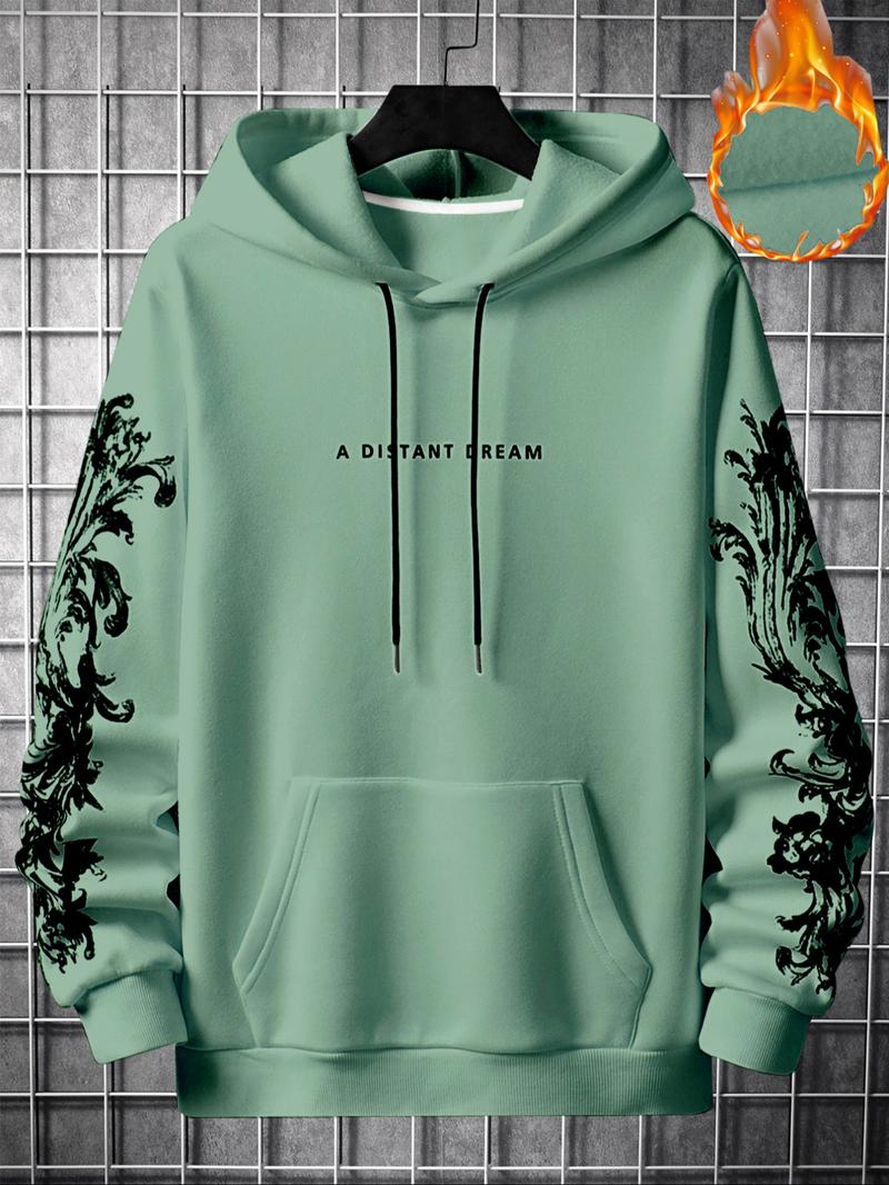 Men's Letter Print Drawstring Thermal Lined Hoodie, Graphic Print Hoodie, Essential Hoodies, Regular Fit Casual Long Sleeve Pocket Hooded Sweatshirt Pullover for Outdoor, Fall Outfits 2024, Menswear Streetwear Top, Please Purchase A Size Up Poser Hoodie