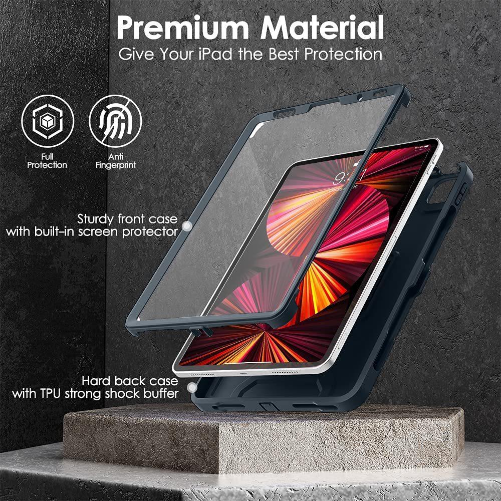 Heavy Duty Shockproof Case for iPad Pro 11", iPad Air 4 5 (2021), Full Body Protective Cover with Built-in Screen Protector, Pencil Holder & Kickstand, Rugged Drop Proof Case for iPad Tablet