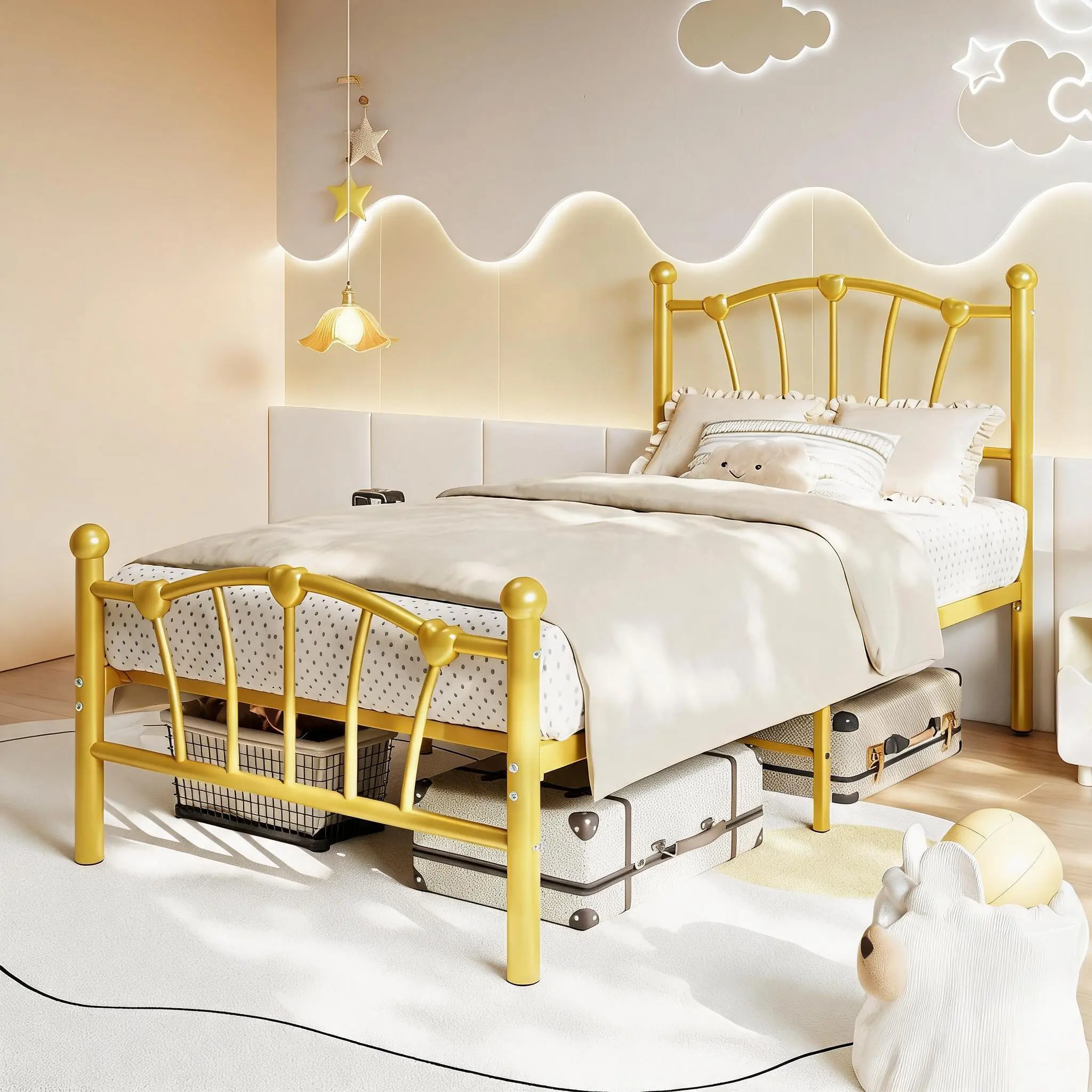 Twin XL Heart Shaped Gold Bed Frame, 600 lbs Heavy Duty Metal Slat Support, 11.4" Under-Bed Storage, Noiseless Kids Bed, No Box Spring Needed