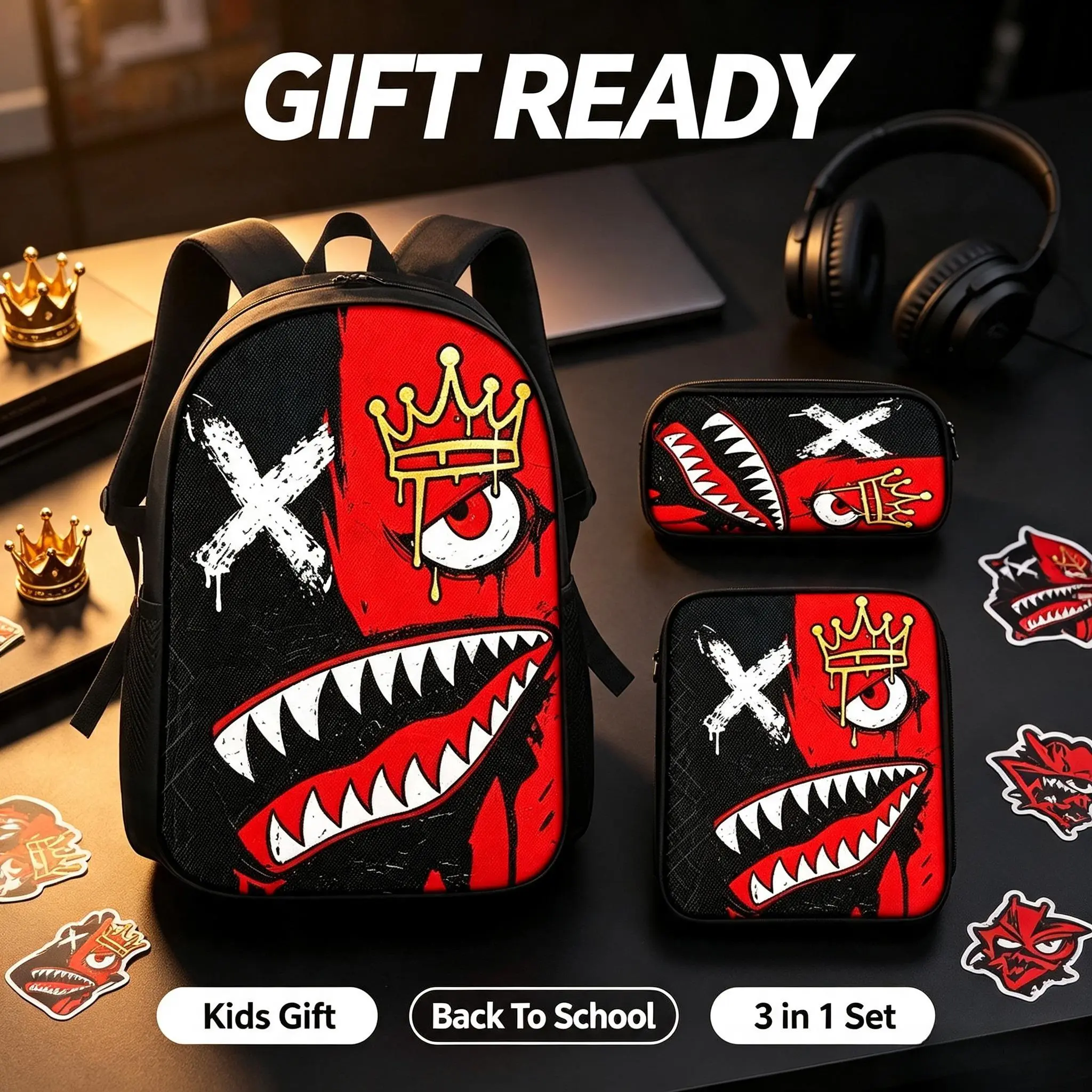 1-2-3-Piece Waterproof Streetwear Backpack Set with Lunch Bag, Pencil Case - Red-Black Shark-Mouth Pattern, Gold Crown "X" Logo, Adjustable Straps, Zipper Closures - Backpacks for School, Ideal for Students