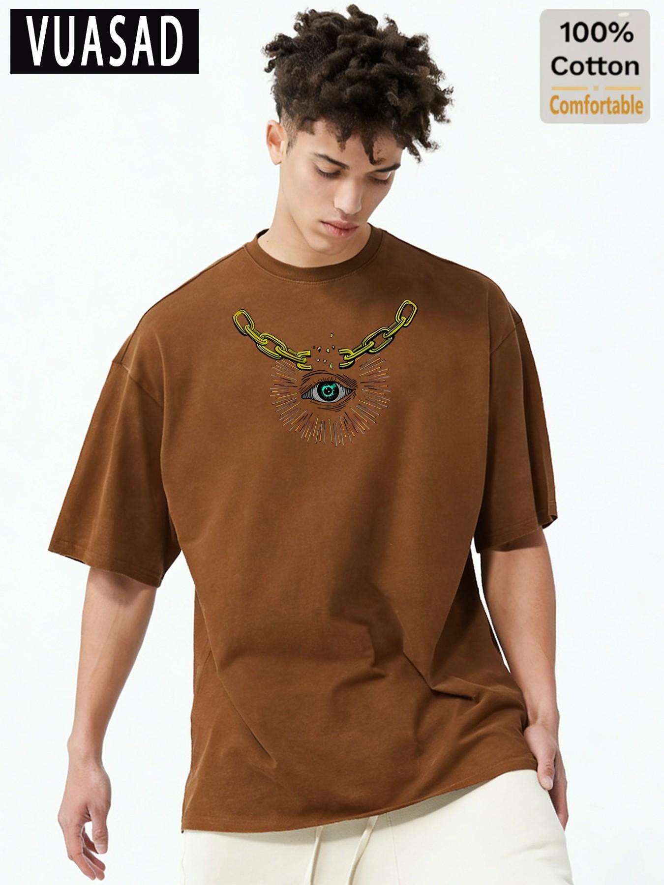 American Street Style Mystery Element Short Sleeve T-Shirt for Men, 100% Pure Cotton, Loose Fit, Casual Commuter Top, Long Length