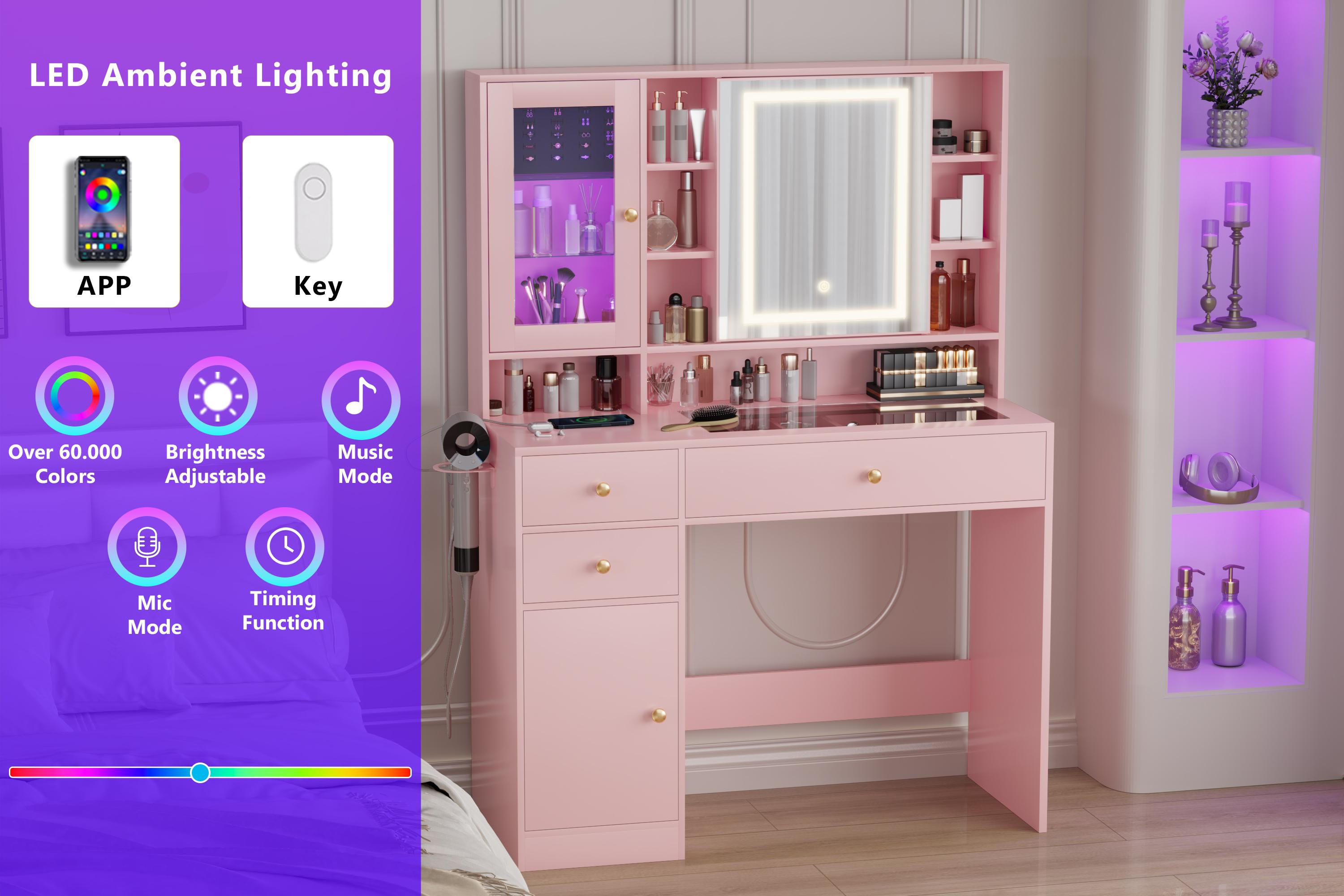 Small Space Vanity,Makeup Vanity Desk with Mirror and Lights, LED Lights & Power Outlet, 3 Drawers & 2 Cabinets, 8 Storage Shelves, Adjustable Lighting,Dressers for bedroomVanity mirror Small Space Vanity,Makeup Vanity Desk with Mirror and Lights, LED Lights & Power Outlet, 3 Drawers & 2 Cabinets, 8 Storage Shelves, Adjustable Lighting,Dressers for bedroomVanity mirror