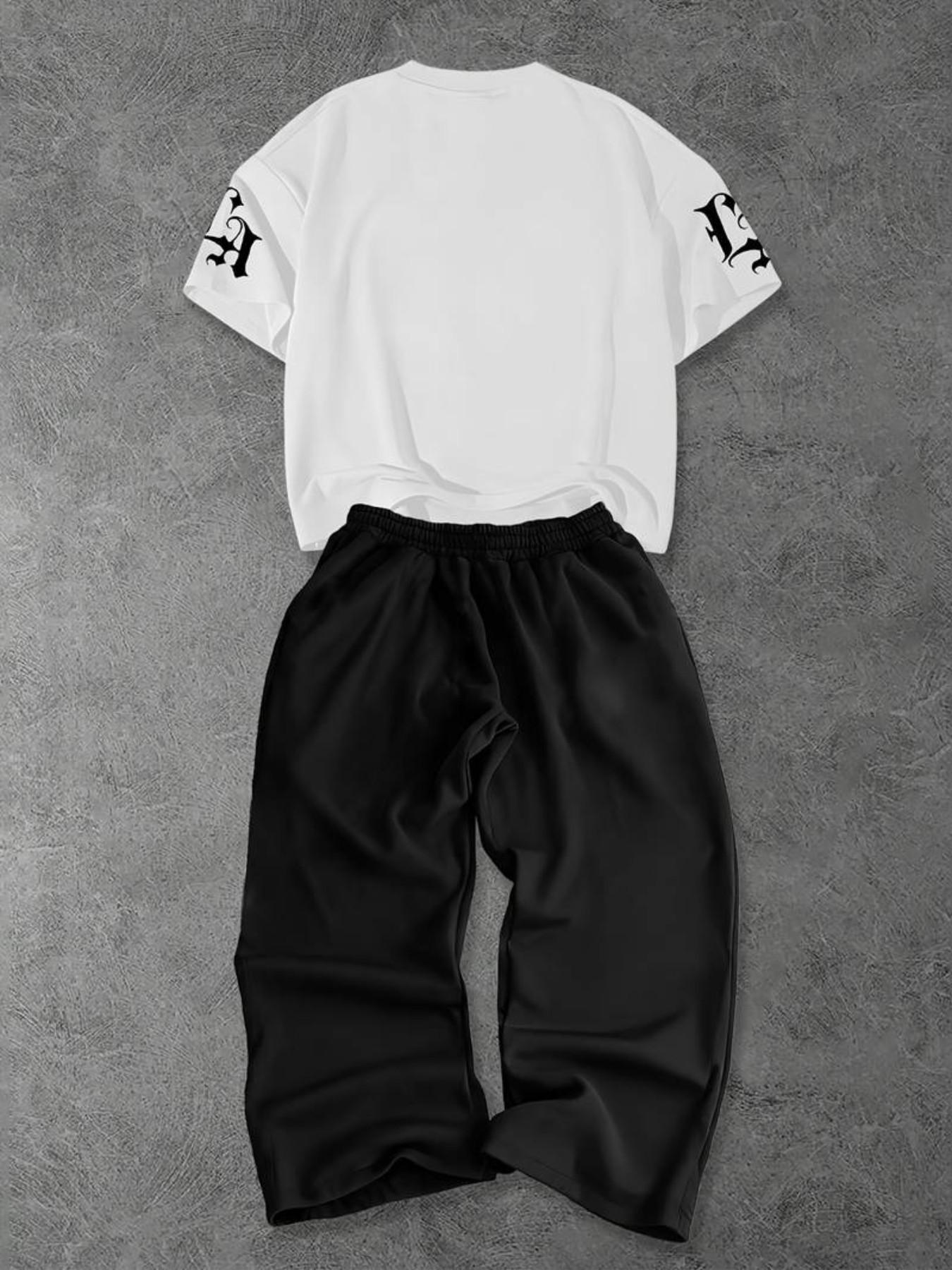 Men's Casual Loose-Fit Two-Piece Set, Short Sleeve T-Shirt & Wide-Leg Pants with Prints, Breathable Streetwear for All Seasons