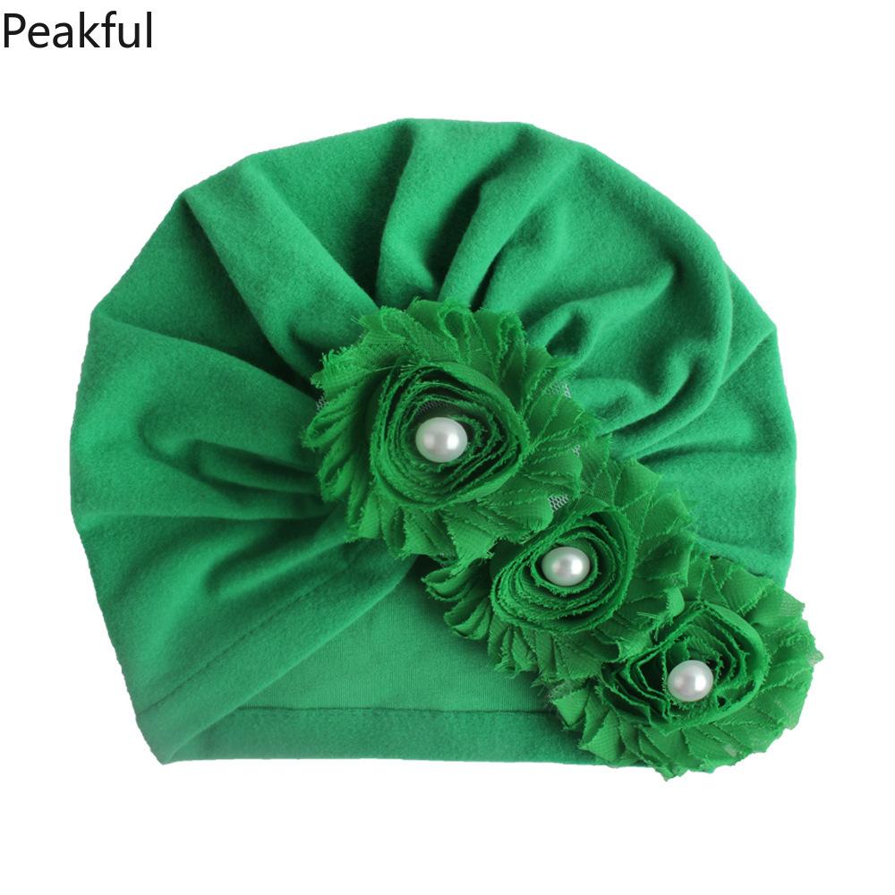 Kids Floral Pearl Decor Turban Hat, Popular Soft Cotton Baby Headwear, Elegant Toddler Headwrap, comfortable elastic design & charming flower details, great for casual outings, birthday parties and newborn photography