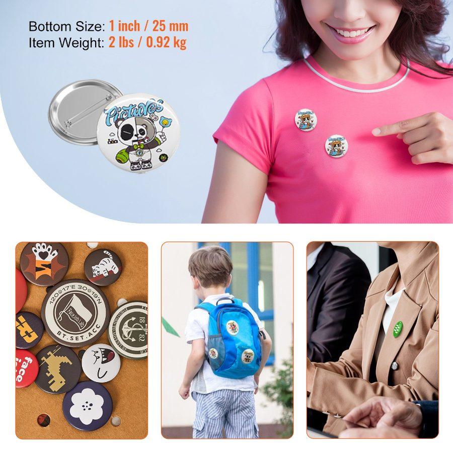 VEVOR 500 Sets 1 inch 25mm Pin Back Button Parts, DIY Round Button Badge Parts, Set Includes Metal Top, Plastic/Metal Button, Clear Film, and Blank Paper For Gifts Presents, Machine NOT Included