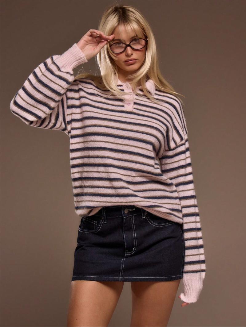 Soft Textured Striped Knit Polo Sweater Women's Retro Collar Button Cardigan Coat, Loose Long Sleeve Top with Sweet Academic Style for Valentine's Day Gentle Look