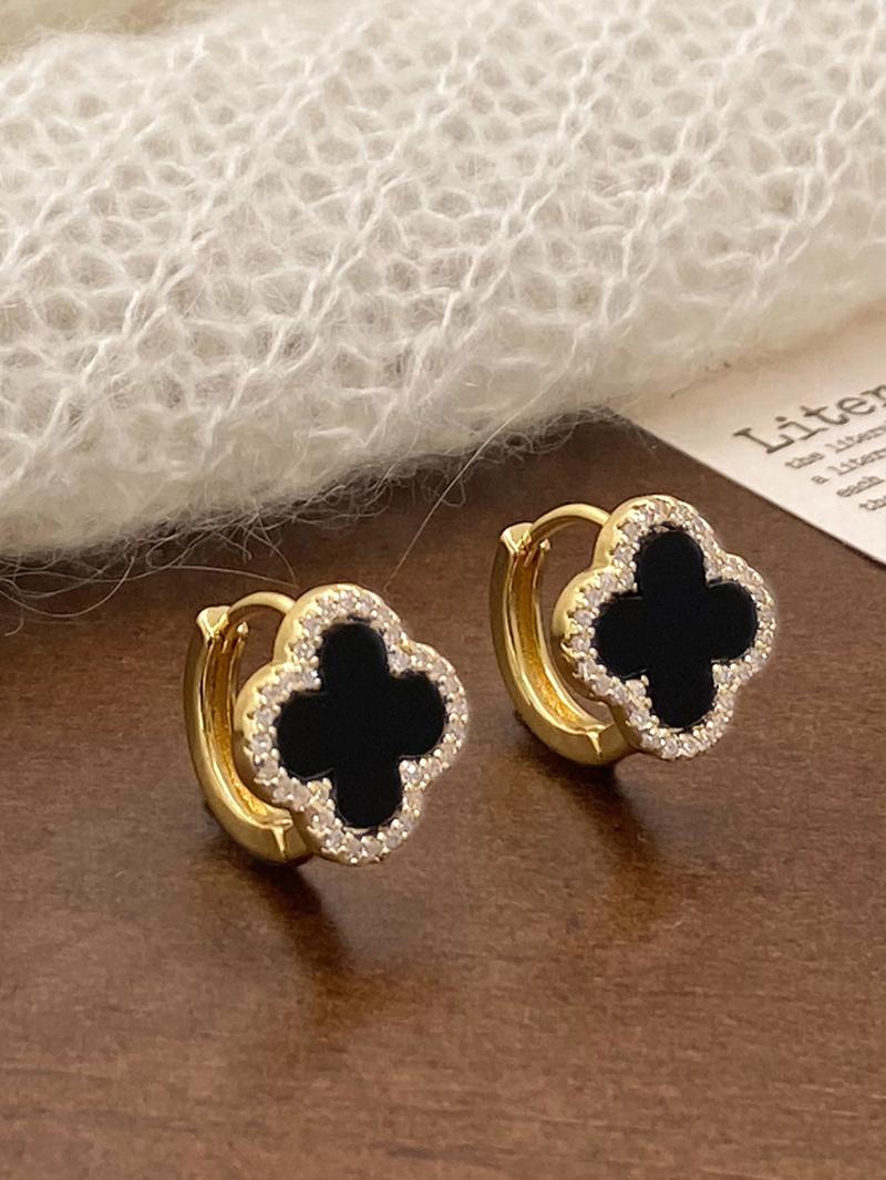 Elegant French Vintage Copper Earrings Set, Zirconia Embellished Clover Design, Fashionable Women's Jewelry, Versatile Flower Pattern, Hoop Earrings