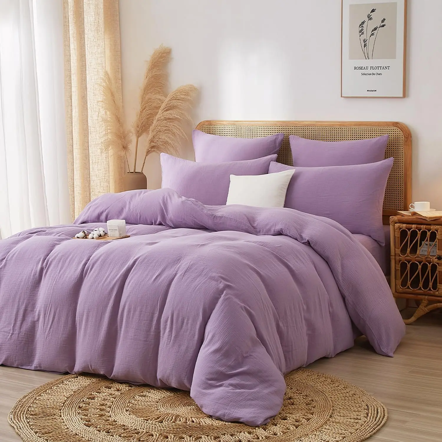 100% Muslin Cotton Purple Duvet Cover Queen Set Bedding | Soft Breathable Absorbent Gauze Comforter Cover, Natural Wrinkle Texture, All, Zipper Closure & 2 Pillowcases