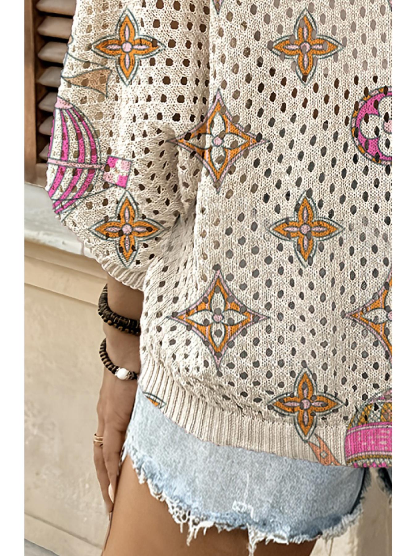 Spring and Summer collection, Lightweight Knit Sweater, round-neck open-front loose batwing shoulder sleeve pullover, color-block geometric print women's knit top, beachy style, casual elegant for work, pullover