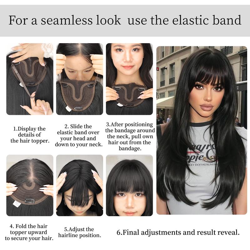 ONLYCUTE Hair Topper with Bangs 18 inch Synthetic Slightly layered Hair Piece No Wig Cap Required Large Hair Piece Natural Invisible hair toppers for Women