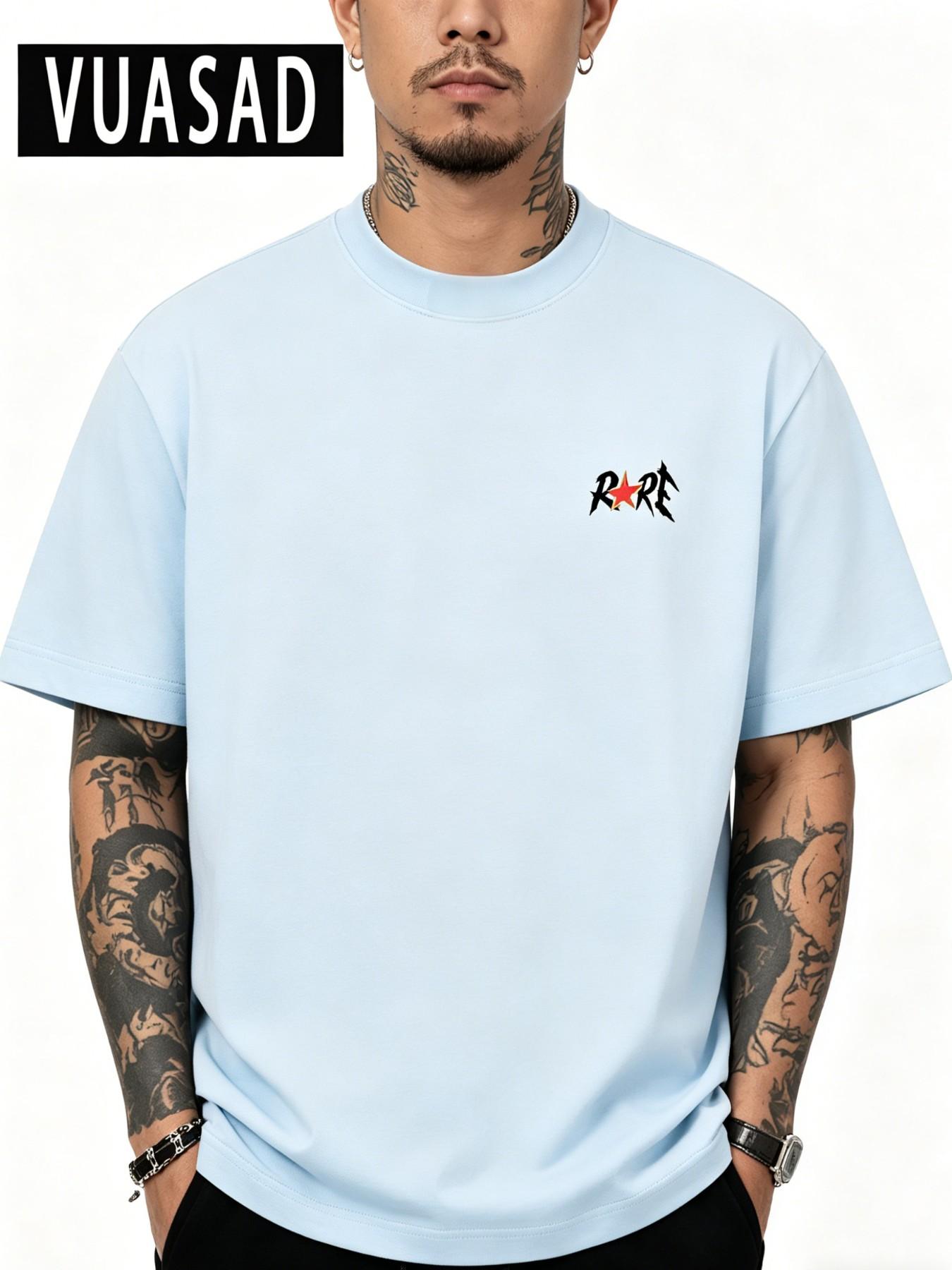 Men's Rare Star Print Cotton T-Shirt, Casual Loose-Fit Short Sleeve, Streetwear Fashion, Long Length, No Zipper or Button, Letters Pattern