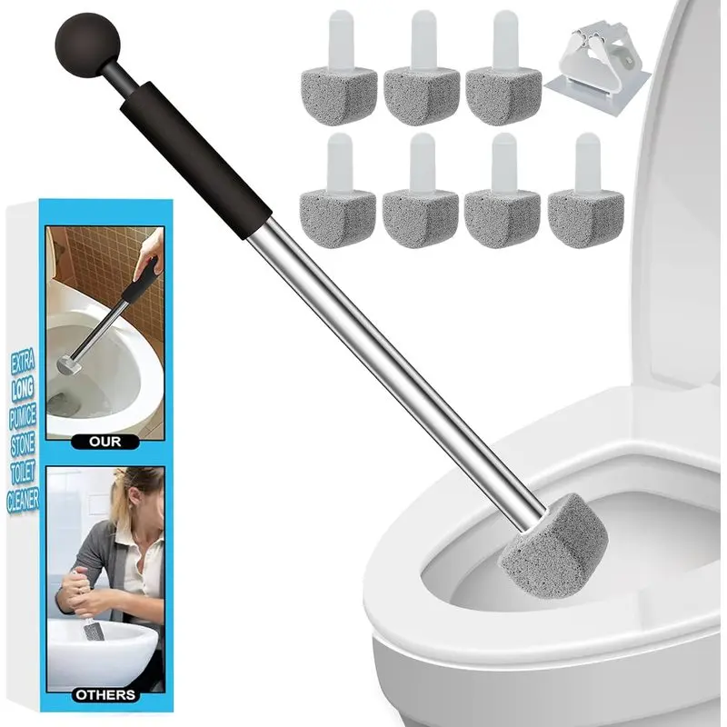 Pumice Stone Toilet Bowl Cleaner - Hard Water Stain Remover |   Natural pumice removes hard water rings, limescale & rust on toilets, tiles, sinks & grills. Long handle + 8 refills.
