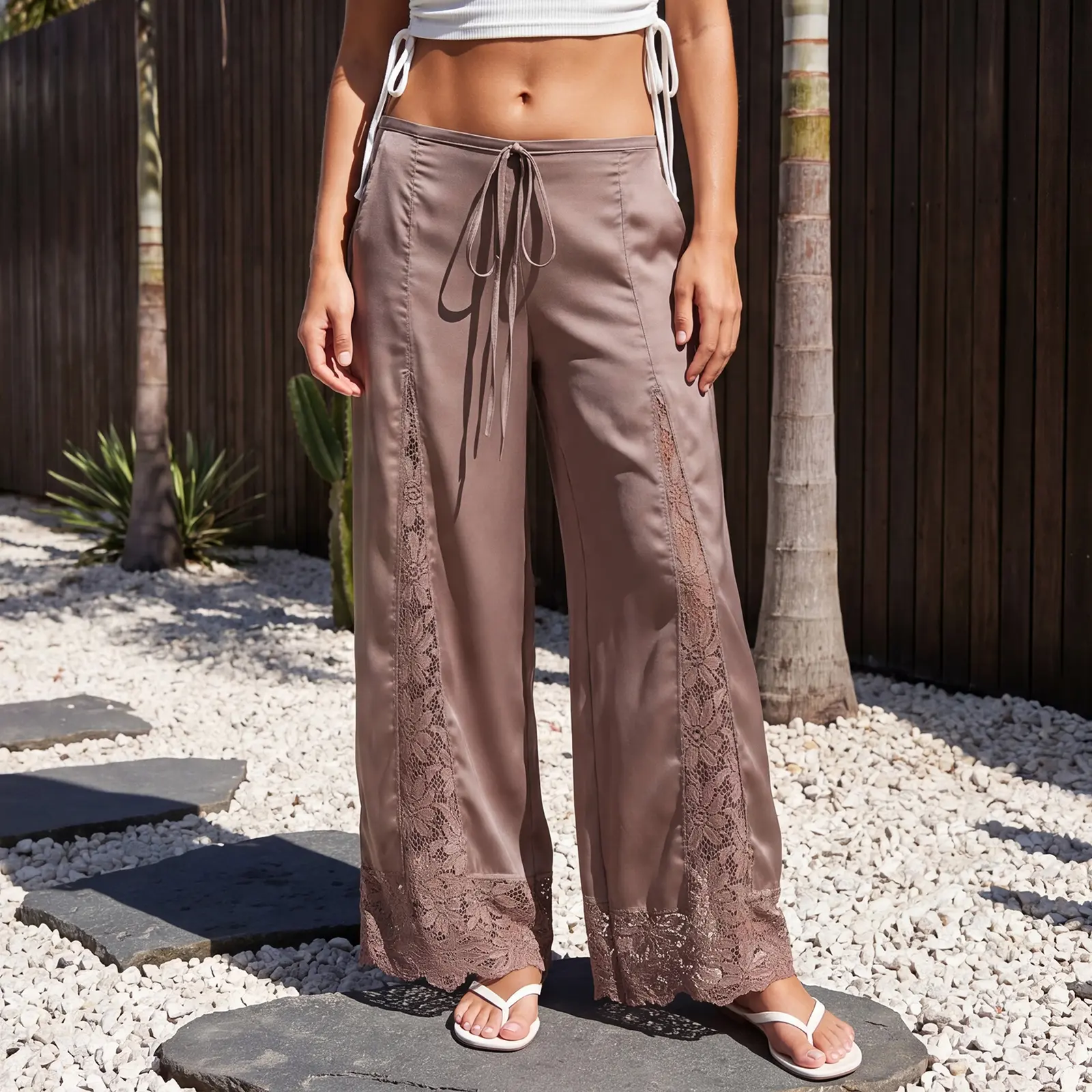 Women Flowy Wide Leg Pants Cute Lace Patchwork Loose Drawstring Trousers