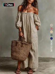 European AndAmerican Summer NewElegant Chic Casual LooseOff-Shoulder StripedDress