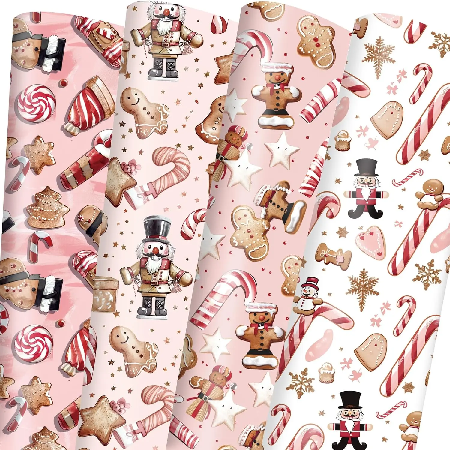 Christmas Wrapping Paper with 4 Nutcracker Gingerbread Design for Christmas Holiday Party Celebration - 20 X 28Inches Per Sheet(8 Pack)