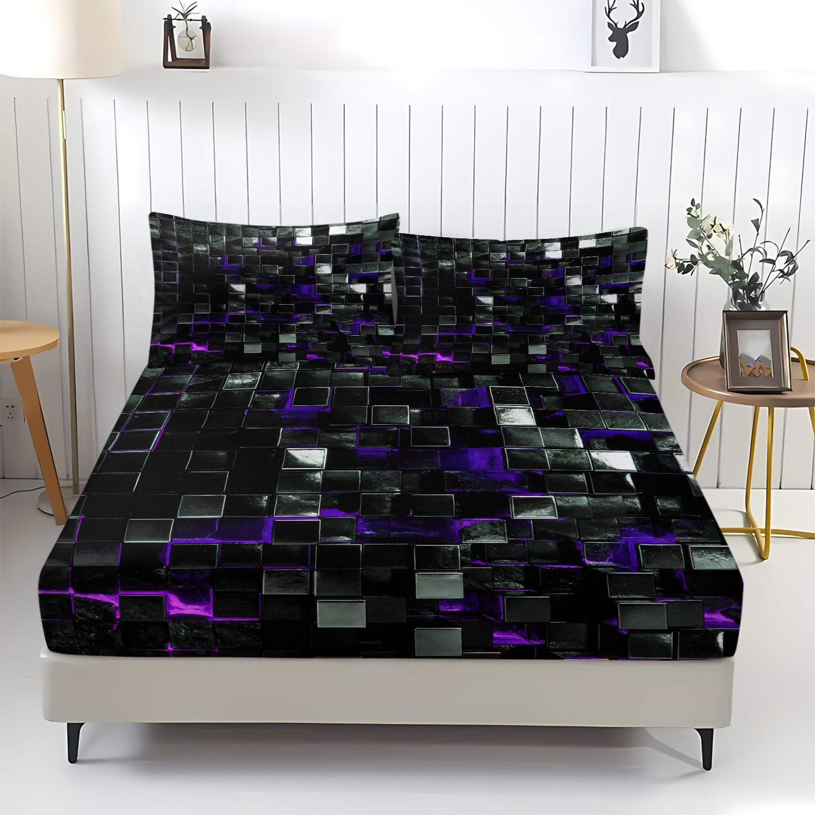 Sci-Fi Neon Cube Lava Fitted Sheet Set & 2 Pillowcases No Core, 3D Metal Texture Block & Red, Pink Neon Glow Design, Soft Anti-Slip Wrinkle-Resistant, Cyberpunk Bedroom E-Sport Room Decor, Gift for Boys, Teens