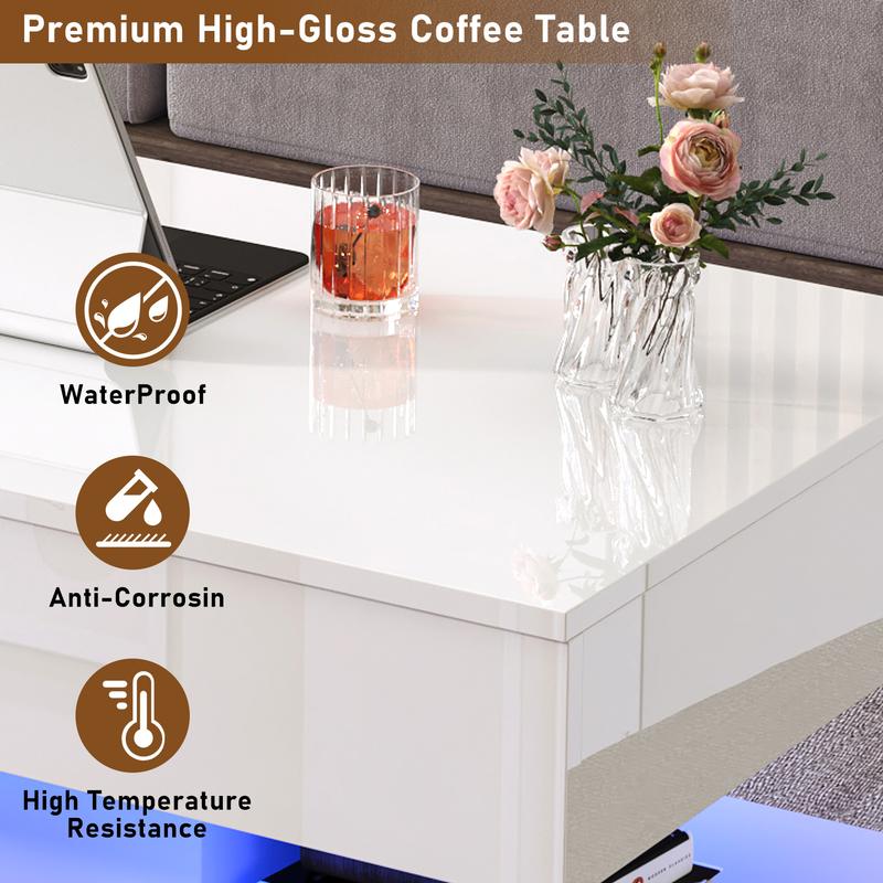39.4"/47.2" Large Lift Top Coffee Table,Modern High Glossy LED Coffee Tables for Living Room with Storage,Black Living Room Tables for Living Room,Dining Room,Bedroom Home Office,APP LED Lights（Black/white）