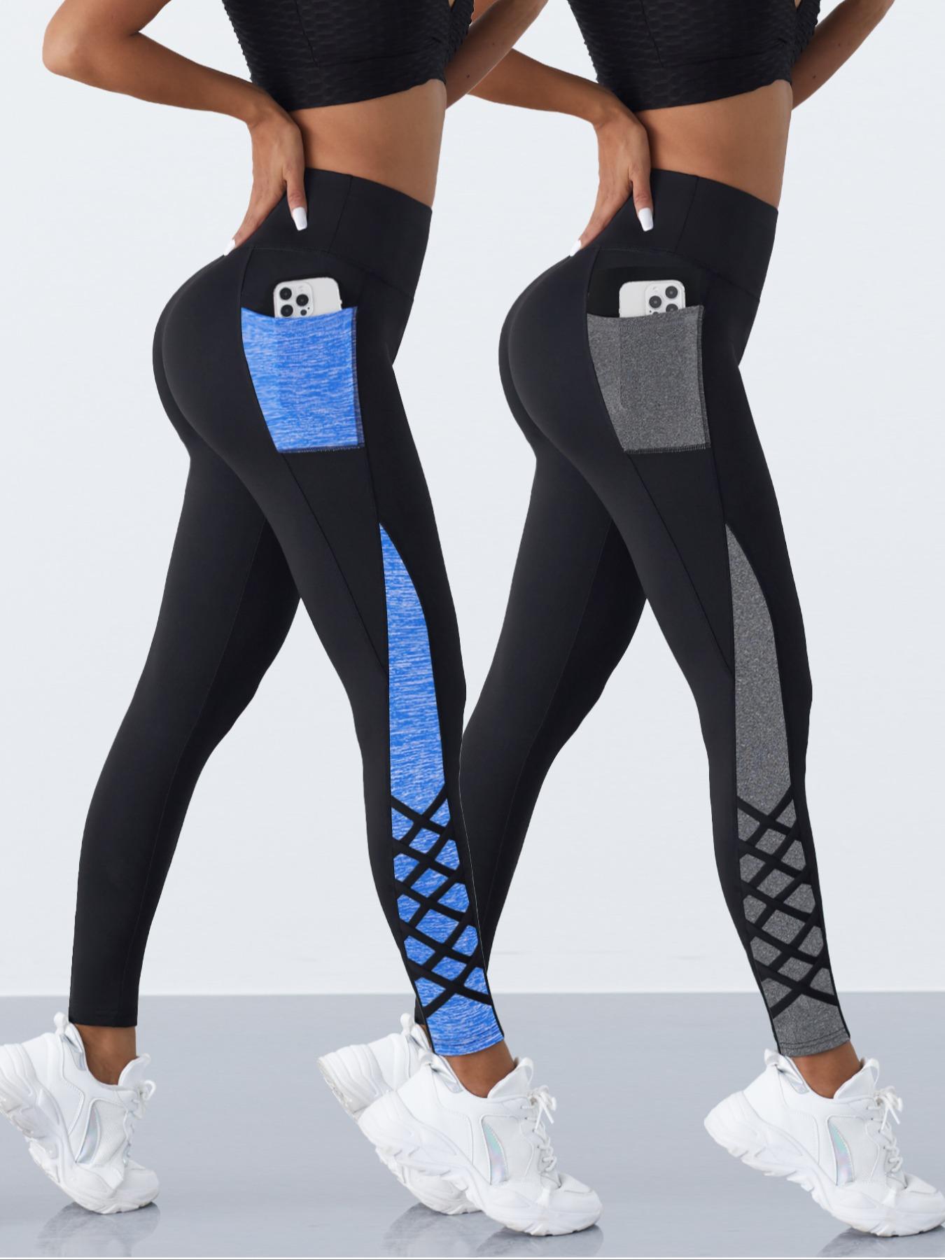 2 Pcs Crossover Straps Color Block Pocket Yoga Pants, Women's Sports Trousers, Suitable for All-seasons Wear, High Waisted Leggings