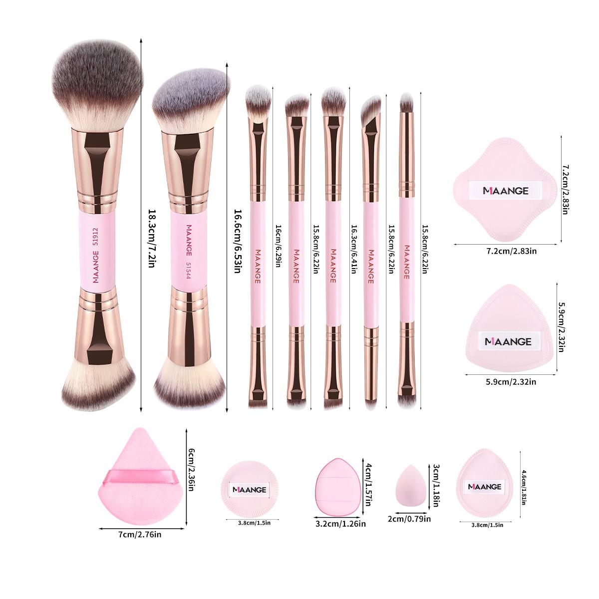 Maange Makeup Brush Set, Makeup Brushes Kits, 7 Dual-Ended Brushes + 12 Powder Puffs + 1 Makeup Bag with Metal Frame, Complete Beauty Tool Kit